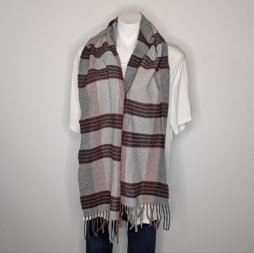 NWT Italian Woolen Treasures Grey Red/Orange Plaid Striped Lambswool Scarf